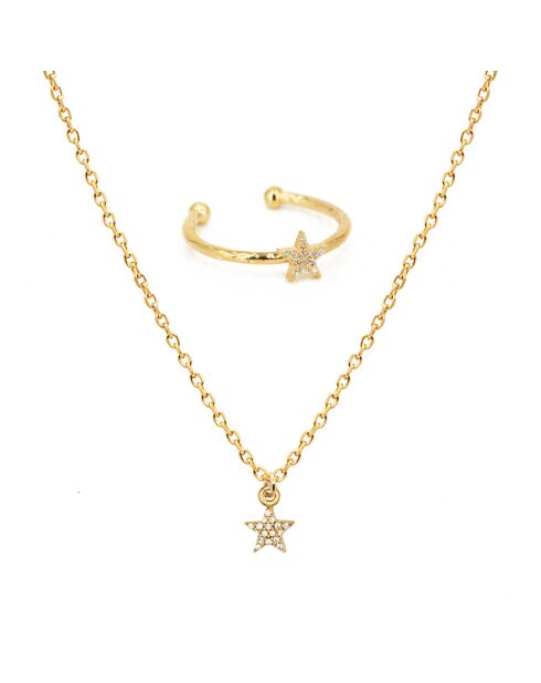 Coffret Lily Collier/Bague ajustable Etoile en Laiton doré/Zircone blanc