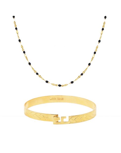Braccialetto Eternity Case/Collana Tutti in ottone dorato/resina nera