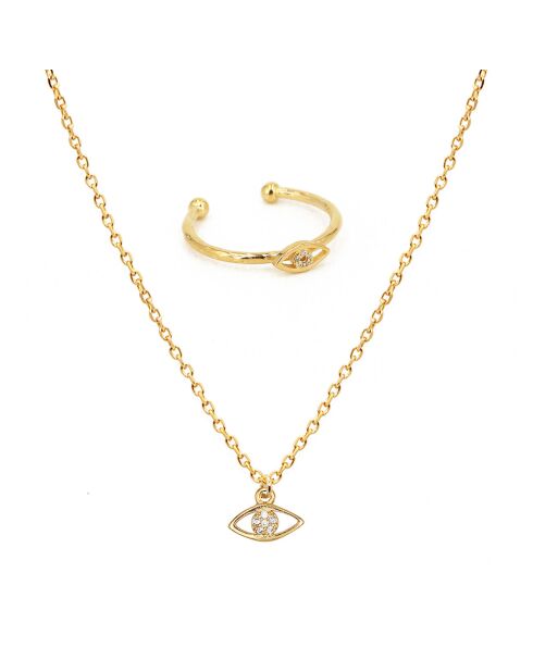 Coffret Lily Collier/Bague ajustable Oeil en Laiton doré/Zircone blanc