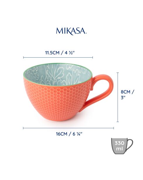 Taza de gres con estampado floral gris, taza estampada para té y café - 330 ml