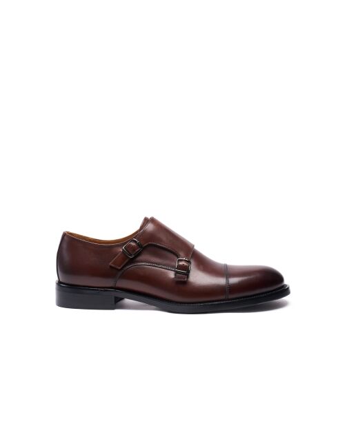 Chaussures à double boucle à bout droit en cuir brun foncé