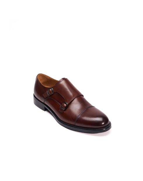 Chaussures à double boucle à bout droit en cuir brun foncé