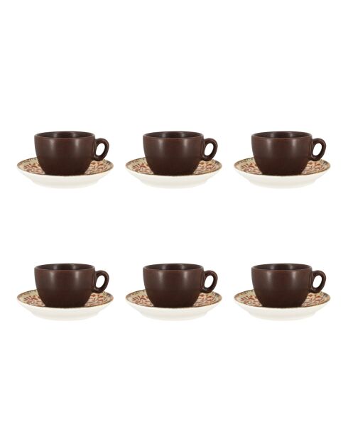 Lot de 6 tasses avec soucoupes Palazzo en porcelaine marron et rouges - 16 cl