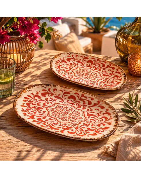 Lot de 6 assiettes ovales Palazzo en porcelaine rouges - 23.5 x 13.5 cm