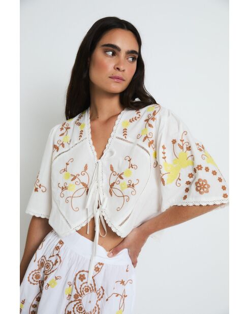 Amapola Embroidery ecru katoenen top