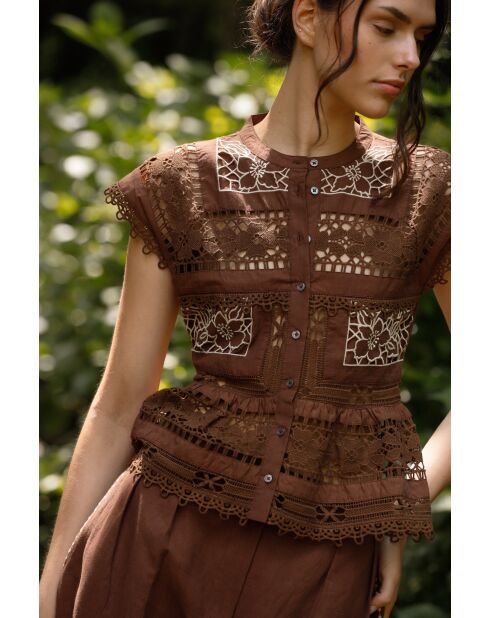 Top en coton Sea Embroidery chocolate