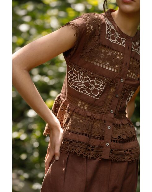 Top en coton Sea Embroidery chocolate