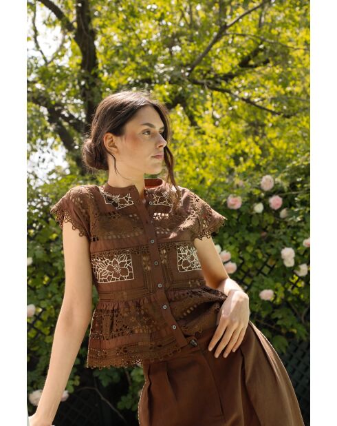 Top en coton Sea Embroidery chocolate
