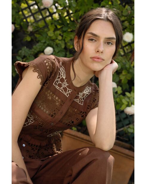 Top en coton Sea Embroidery chocolate
