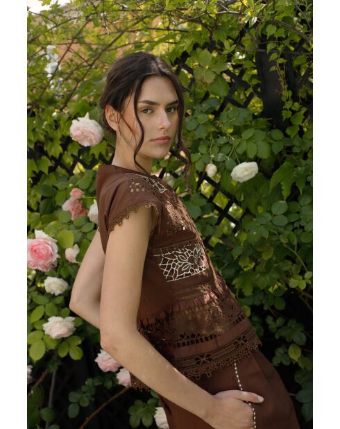 Top en coton Sea Embroidery chocolate