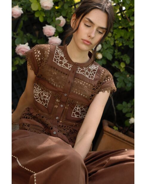 Top en coton Sea Embroidery chocolate