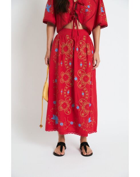 Gonna Amapola Embroidery in cotone rosso
