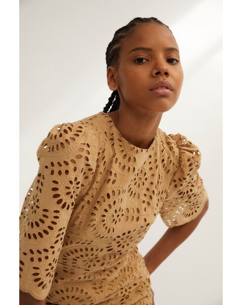Leyre Troquelado beige katoenen jurk