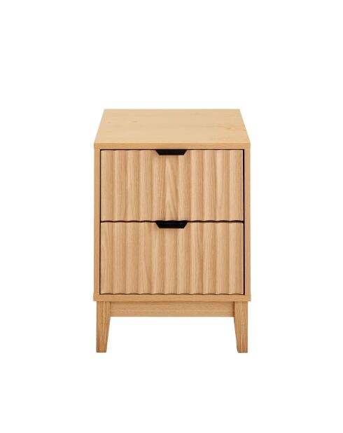 Table de chevet Bologne avec 2 tiroirs aux façades effet vague décor bois clair - H.52 cm