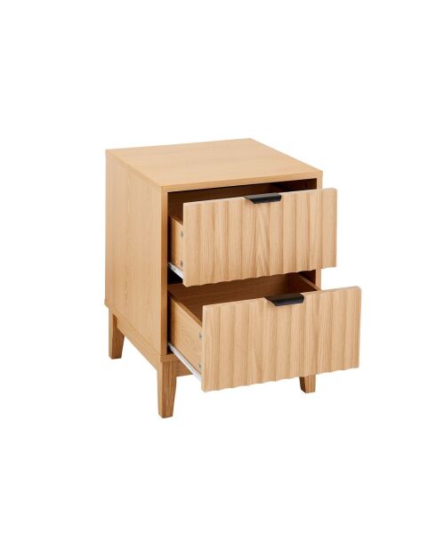 Table de chevet Bologne avec 2 tiroirs aux façades effet vague décor bois clair - H.52 cm