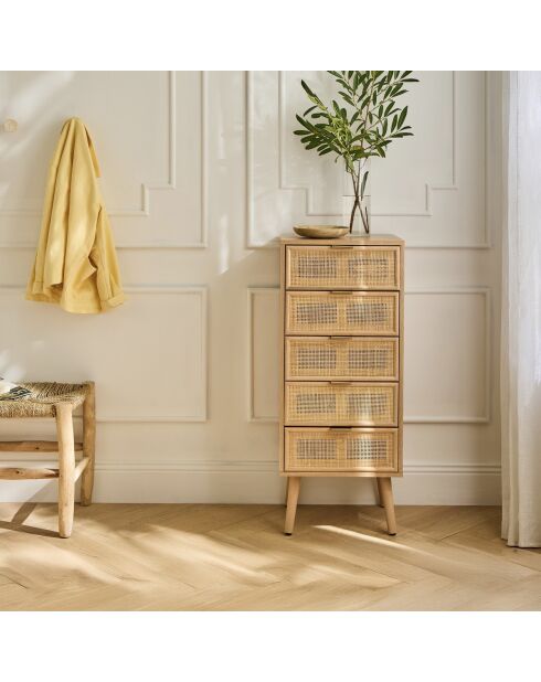Chiffonnier Miya 5 tiroirs façades en rotin naturel - L.36.5 x H.100.5 cm