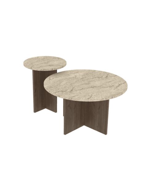 Lot de 2 tables basses Tilia rondes coloris travertin et noyer - D.70 et D.40 cm