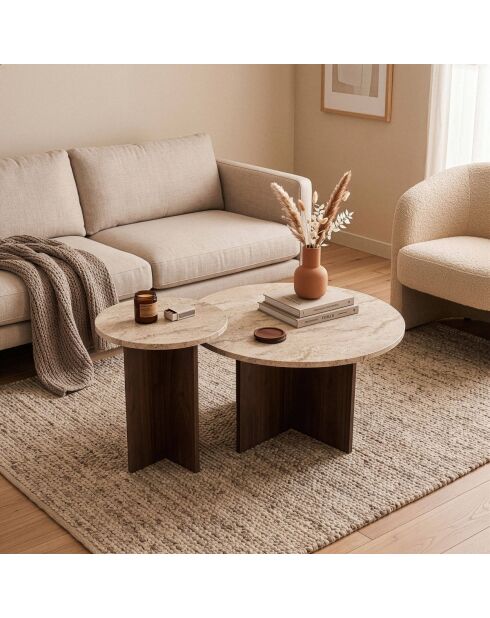 Lot de 2 tables basses Tilia rondes coloris travertin et noyer - D.70 et D.40 cm