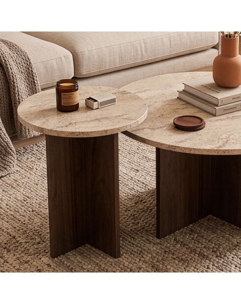 Lot de 2 tables basses Tilia rondes coloris travertin et noyer - D.70 et D.40 cm