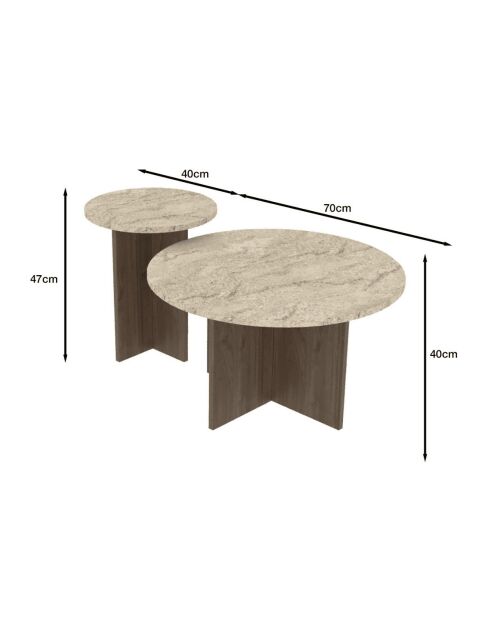 Lot de 2 tables basses Tilia rondes coloris travertin et noyer - D.70 et D.40 cm