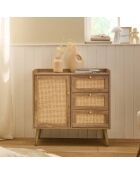 Cómoda Palmo de 1 puerta y 3 cajones con frentes de ratán y patas de madera - L.80 cm