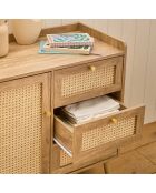 Cómoda Palmo de 1 puerta y 3 cajones con frentes de ratán y patas de madera - L.80 cm