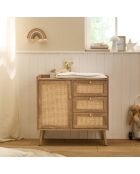 Cómoda Palmo de 1 puerta y 3 cajones con frentes de ratán y patas de madera - L.80 cm