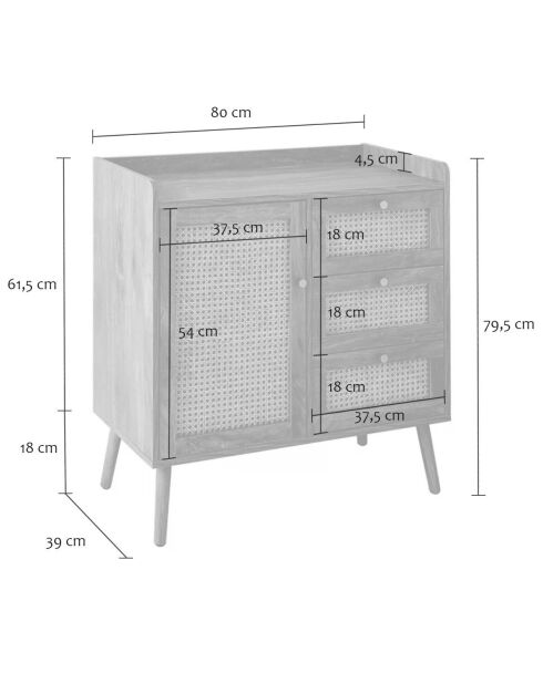 Cómoda Palmo de 1 puerta y 3 cajones con frentes de ratán y patas de madera - L.80 cm