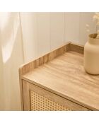 Cómoda Palmo de 1 puerta y 3 cajones con frentes de ratán y patas de madera - L.80 cm