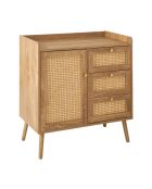 Cómoda Palmo de 1 puerta y 3 cajones con frentes de ratán y patas de madera - L.80 cm