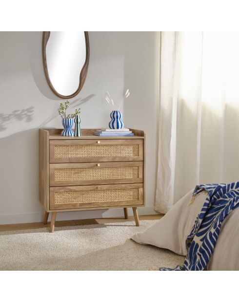 Cómoda Palmo de 3 cajones con frentes de ratán natural - L.80 cm