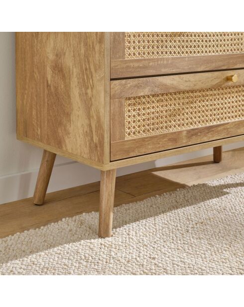 Cómoda Palmo de 3 cajones con frentes de ratán natural - L.80 cm