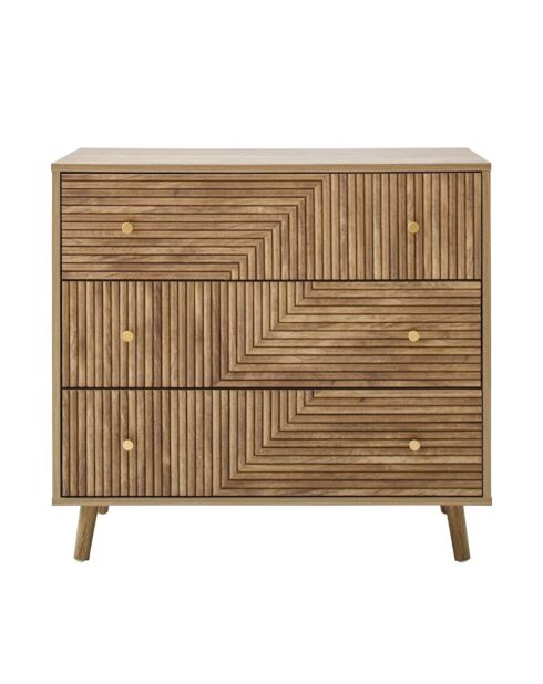 Cómoda Eden con 3 cajones y frentes laminados con decoración de madera marrón