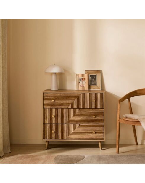 Cómoda Eden con 3 cajones y frentes laminados con decoración de madera marrón