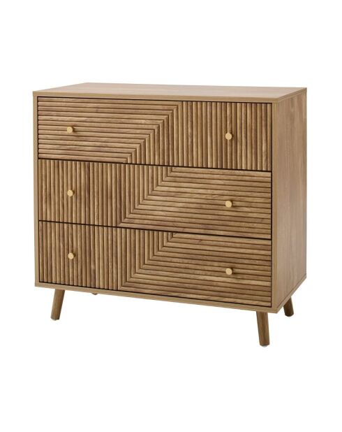Cómoda Eden con 3 cajones y frentes laminados con decoración de madera marrón
