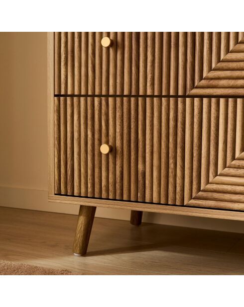 Cómoda Eden con 3 cajones y frentes laminados con decoración de madera marrón