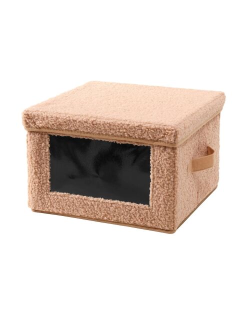 Boîte rangement tissu bouclette beige avec fenêtre - L.40 cm