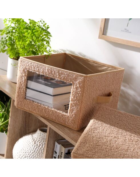 Boîte rangement tissu bouclette beige avec fenêtre - L.40 cm