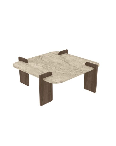 Table basse Origin carrée et bords arrondis coloris travertin et noyer - L.90 cm