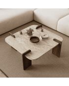 Table basse Origin carrée et bords arrondis coloris travertin et noyer - L.90 cm
