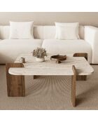 Table basse Origin carrée et bords arrondis coloris travertin et noyer - L.90 cm