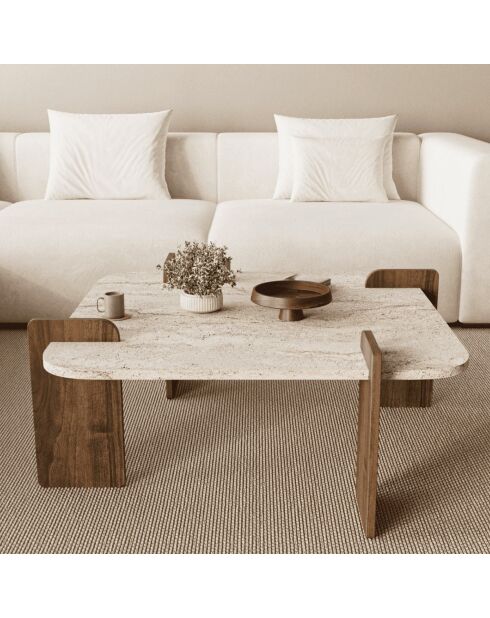 Table basse Origin carrée et bords arrondis coloris travertin et noyer - L.90 cm