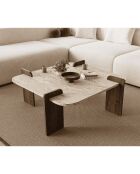 Table basse Origin carrée et bords arrondis coloris travertin et noyer - L.90 cm