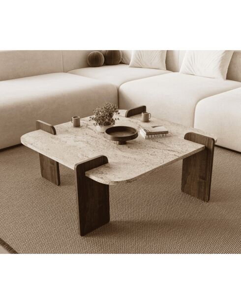 Table basse Origin carrée et bords arrondis coloris travertin et noyer - L.90 cm