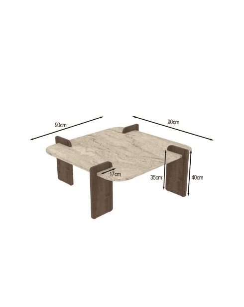Table basse Origin carrée et bords arrondis coloris travertin et noyer - L.90 cm
