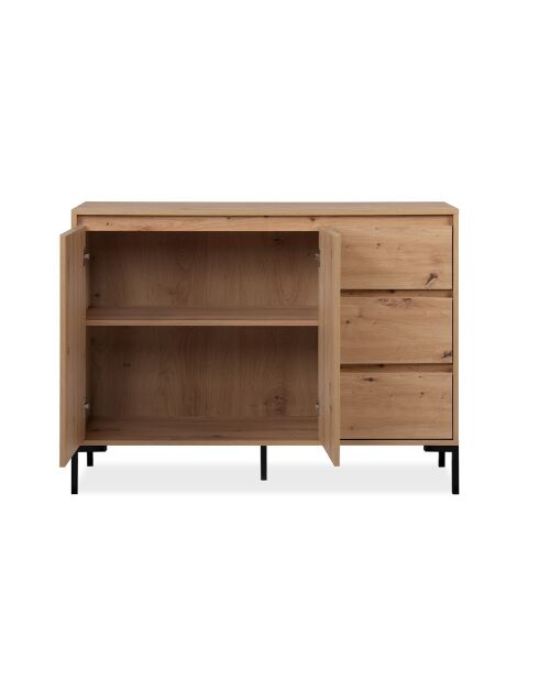 Plock dressoir 2 deuren 3 laden lichtbruin en zwart houtkleuren - L.120 cm