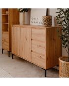 Plock dressoir 2 deuren 3 laden lichtbruin en zwart houtkleuren - L.120 cm