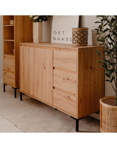 Plock dressoir 2 deuren 3 laden lichtbruin en zwart houtkleuren - L.120 cm