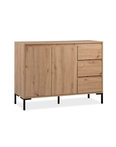 Plock dressoir 2 deuren 3 laden lichtbruin en zwart houtkleuren - L.120 cm