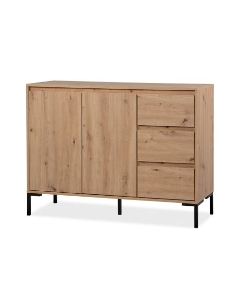 Plock dressoir 2 deuren 3 laden lichtbruin en zwart houtkleuren - L.120 cm